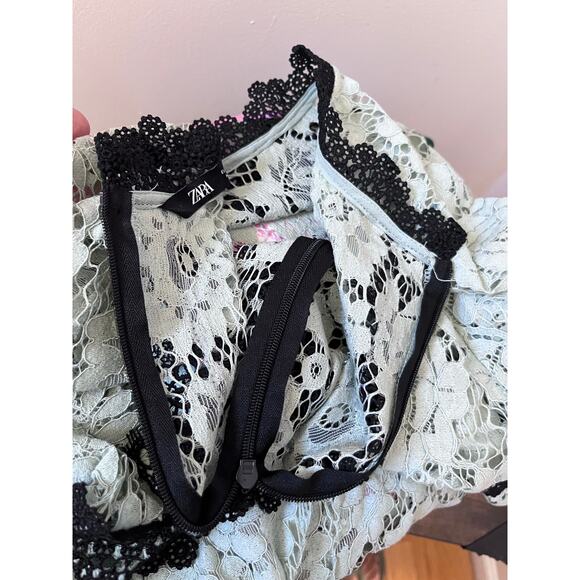 Zara Seafoam Green Black Crochet Embroidered Detail Sheer Peplum Blouse Small - Picture 8 of 12